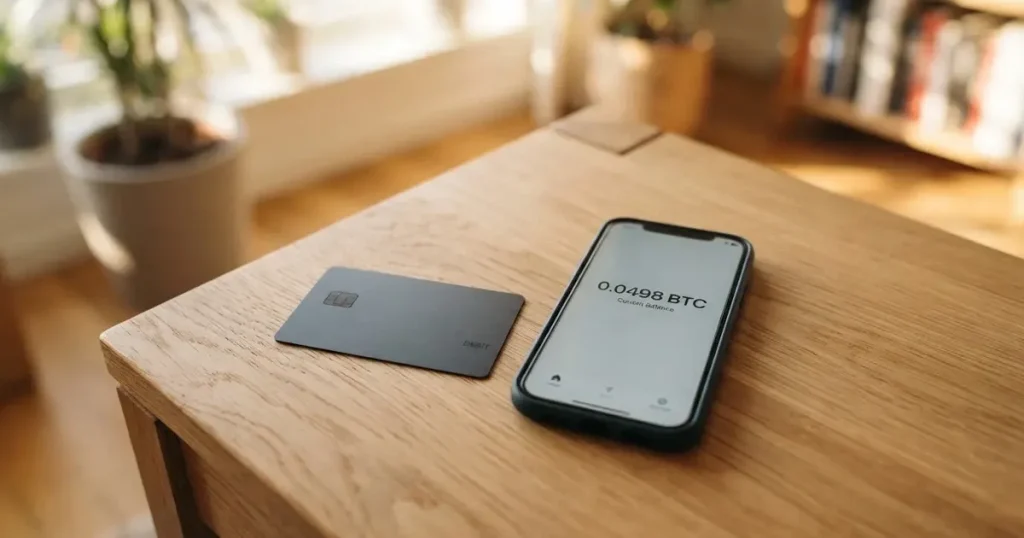 A payment card next to a phone with a crypto wallet app open