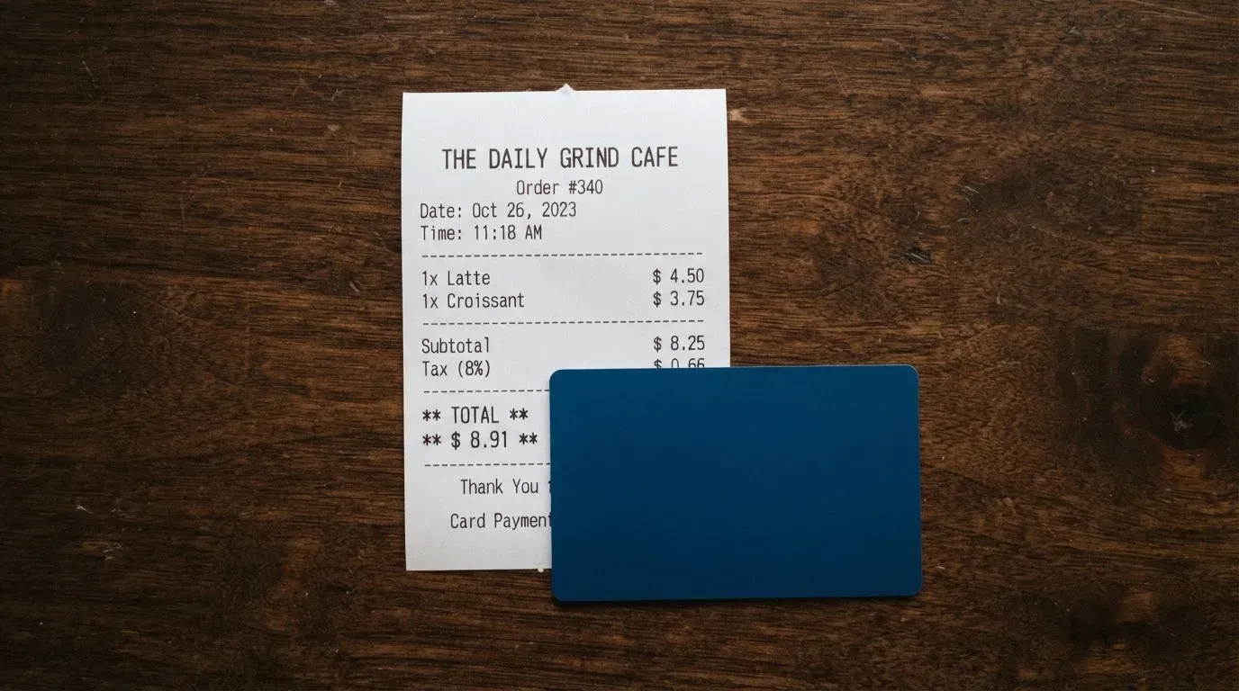 A receipt and a card on a café table