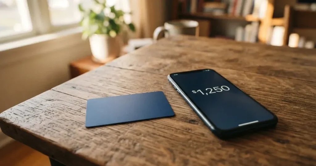 A payment card next to a phone with a crypto wallet app open