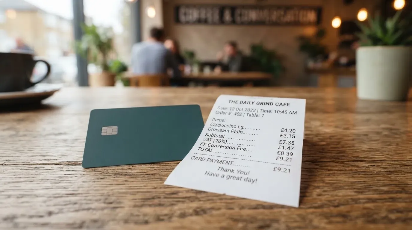 A receipt and a card on a café table