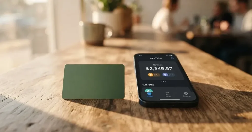 A payment card next to a phone with a crypto wallet app open