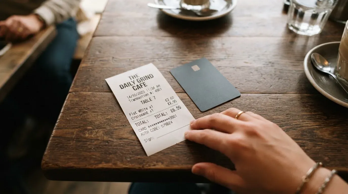 A receipt and a card on a café table
