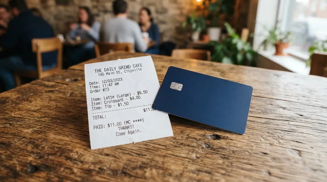 A receipt and a card on a café table