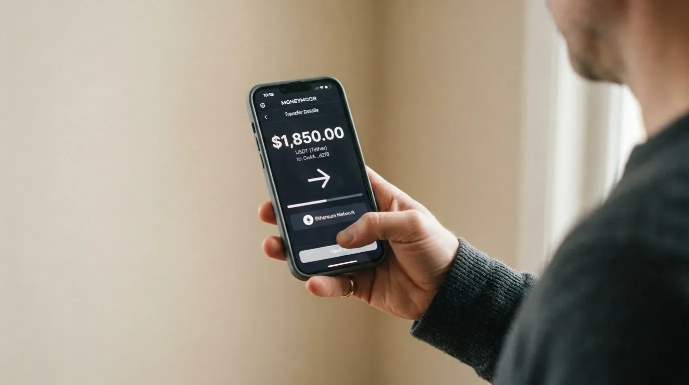 A phone showing a stablecoin transfer screen