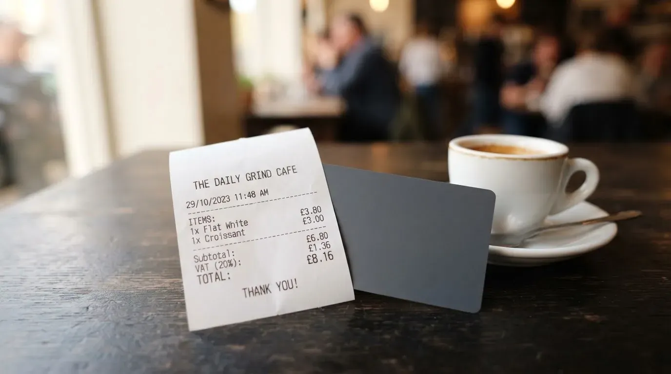 A receipt and a card on a café table