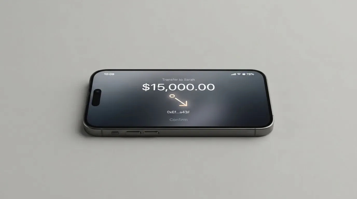 A phone showing a stablecoin transfer screen