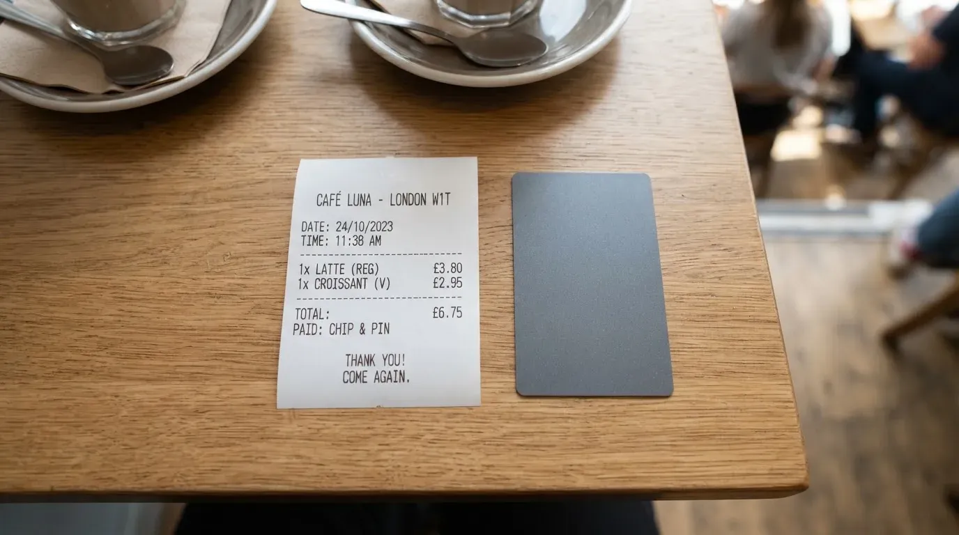 A receipt and a card on a café table