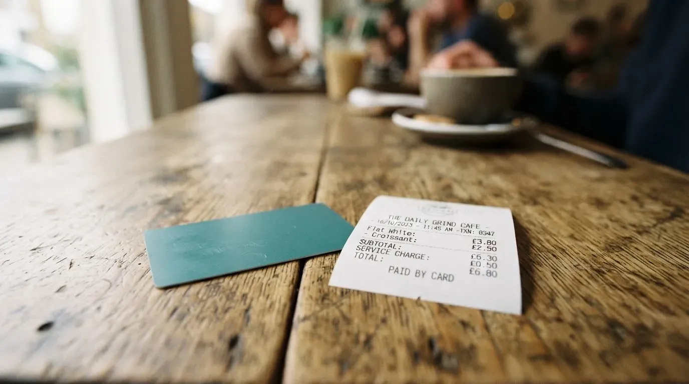 A receipt and a card on a café table