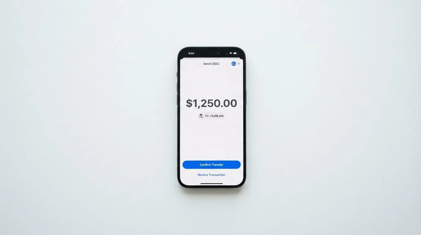A phone showing a stablecoin transfer screen
