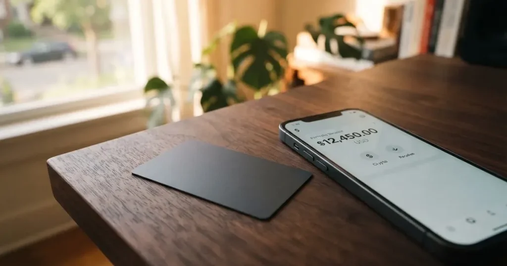 A payment card next to a phone with a crypto wallet app open