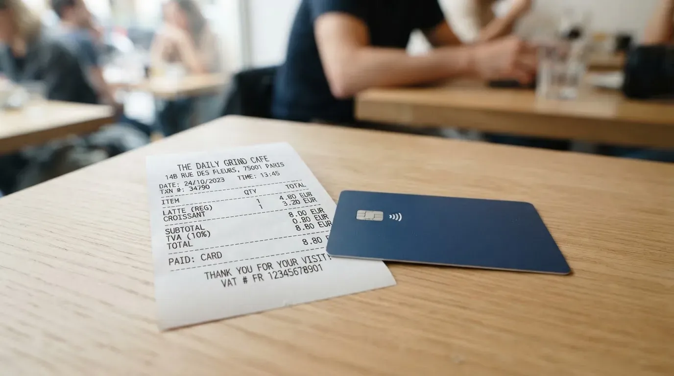 A receipt and a card on a café table
