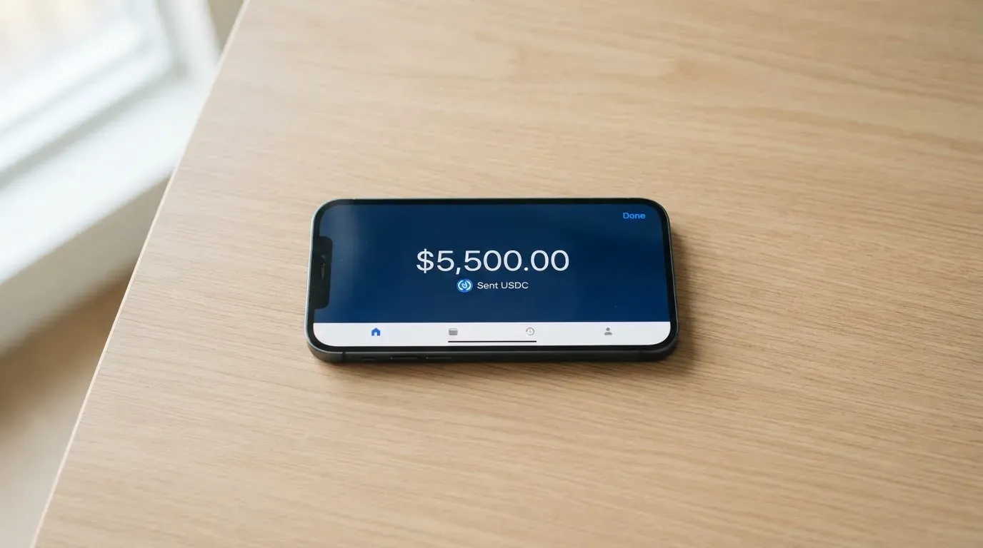 A phone showing a stablecoin transfer screen