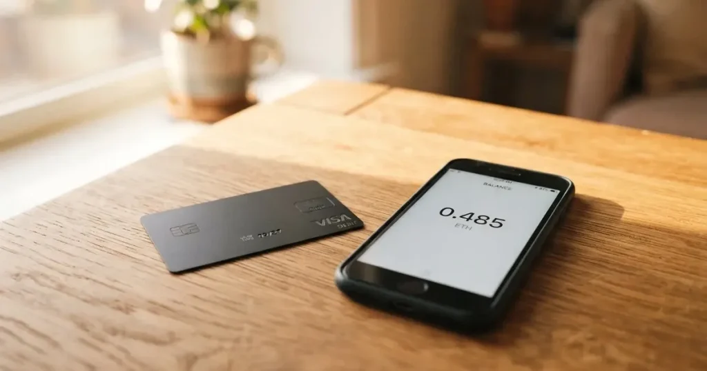 A payment card next to a phone with a crypto wallet app open