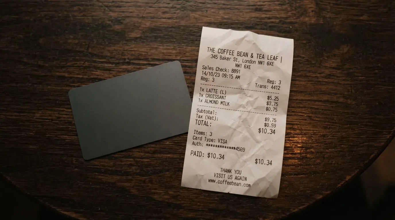 A receipt and a card on a café table