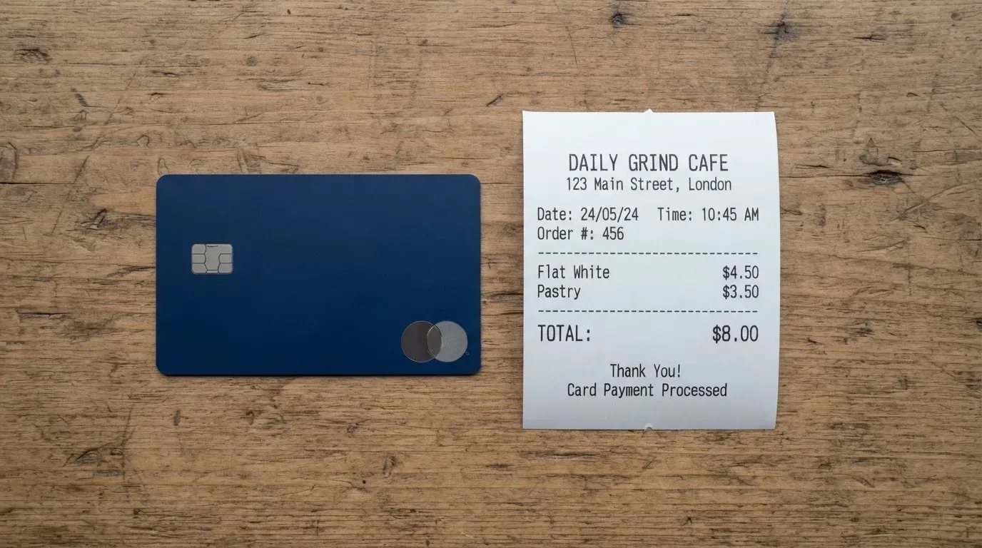 A receipt and a card on a café table