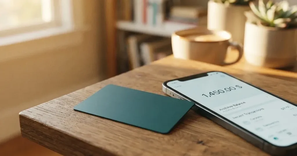 A payment card next to a phone with a crypto wallet app open