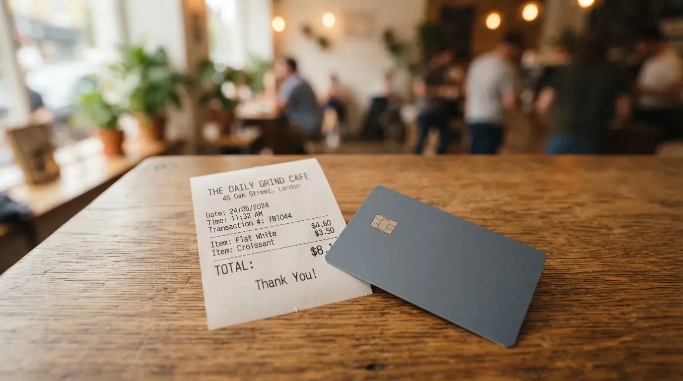 A receipt and a card on a café table