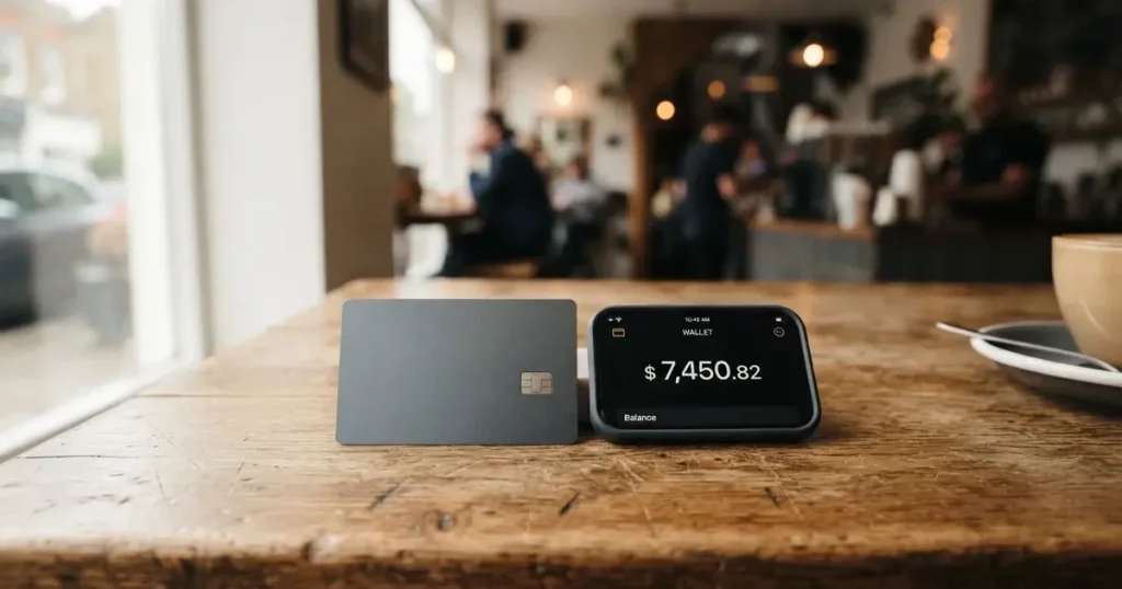 A payment card next to a phone with a crypto wallet app open