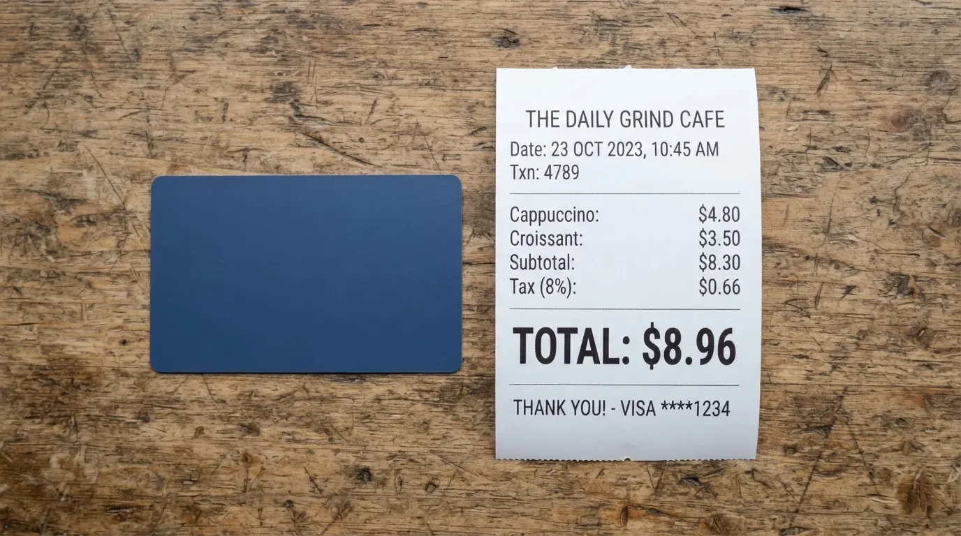 A receipt and a card on a café table