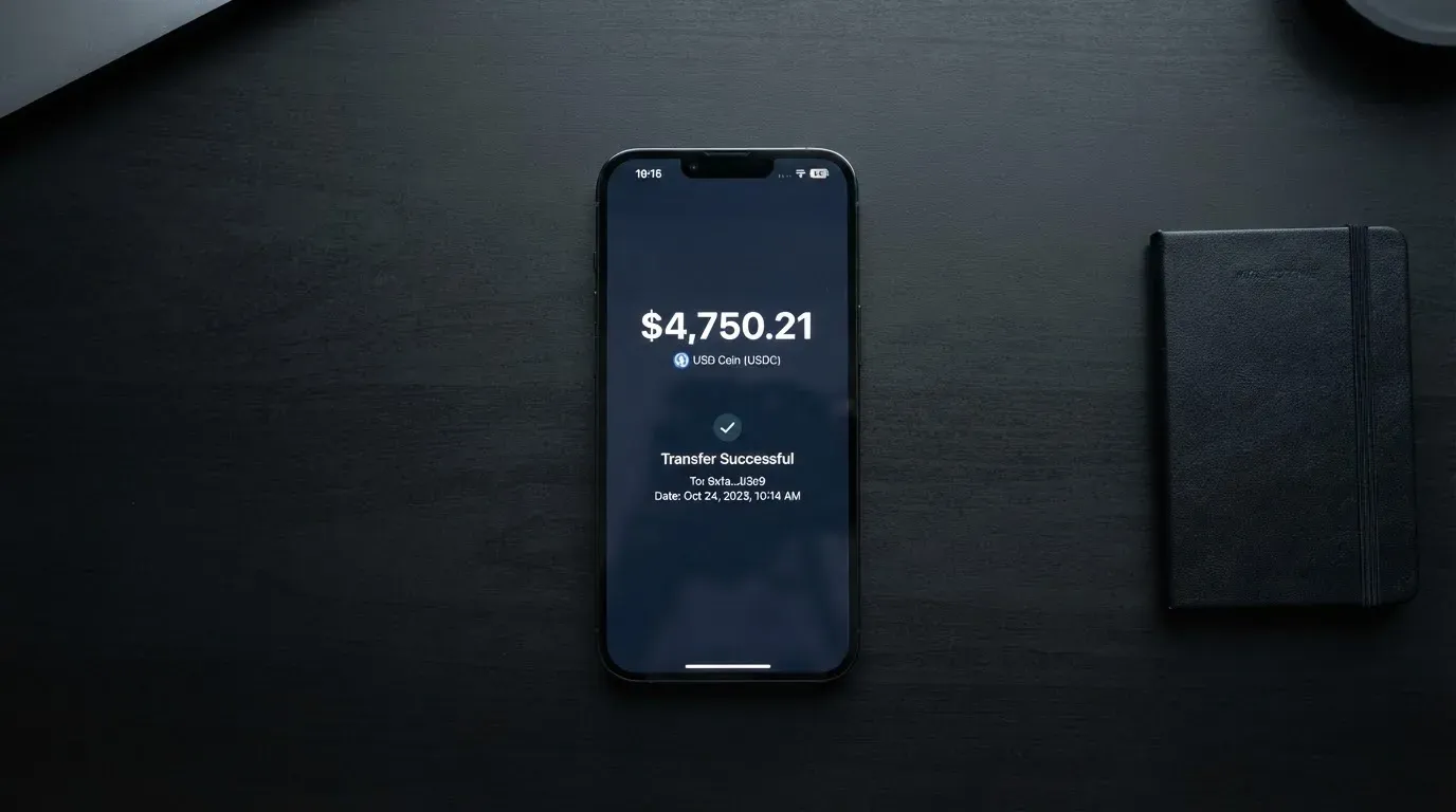 A phone showing a stablecoin transfer screen