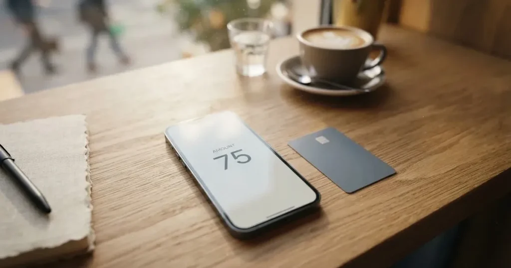 A payment card next to a phone with a crypto wallet app open
