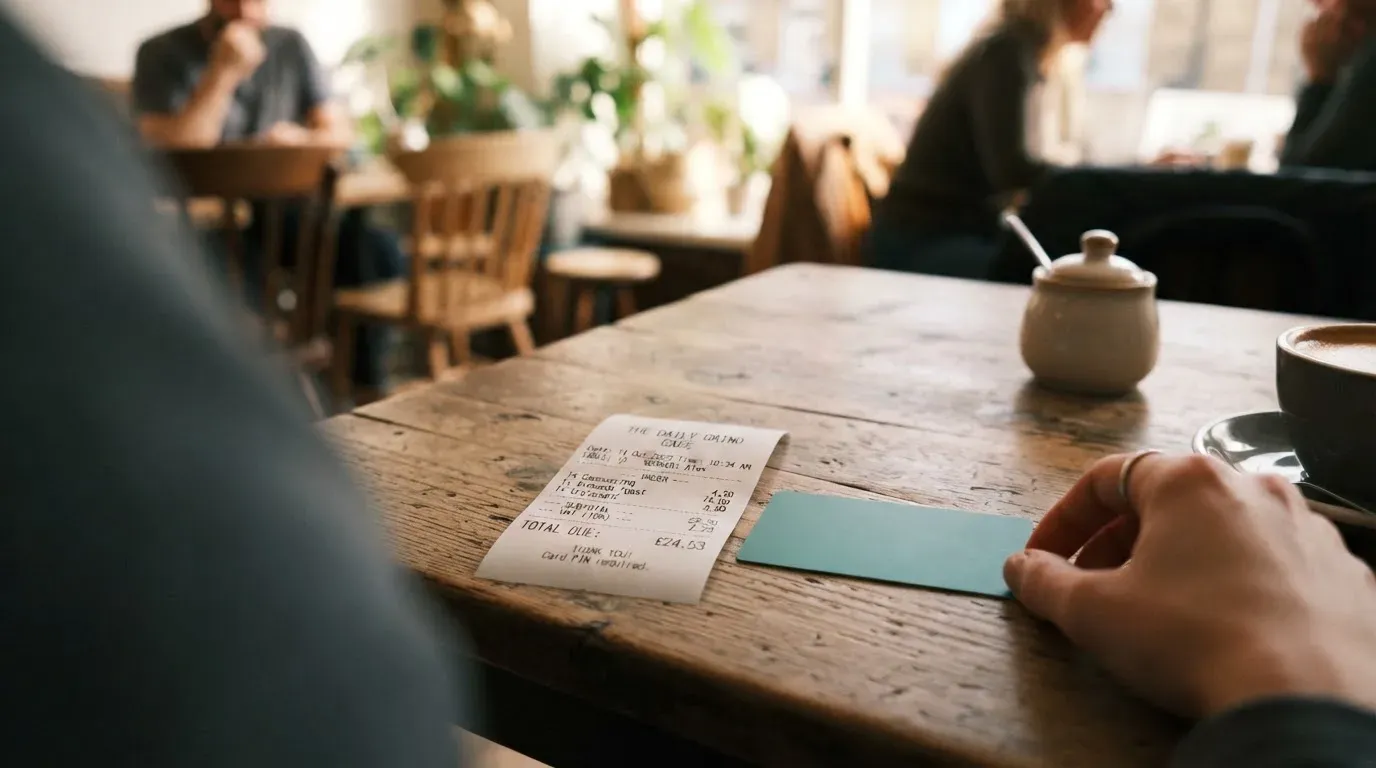 A receipt and a card on a café table
