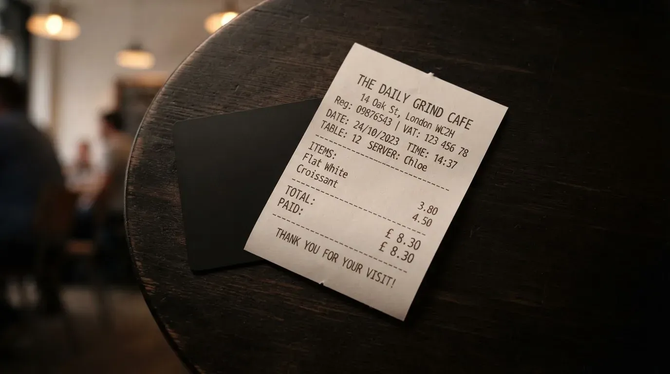A receipt and a card on a café table