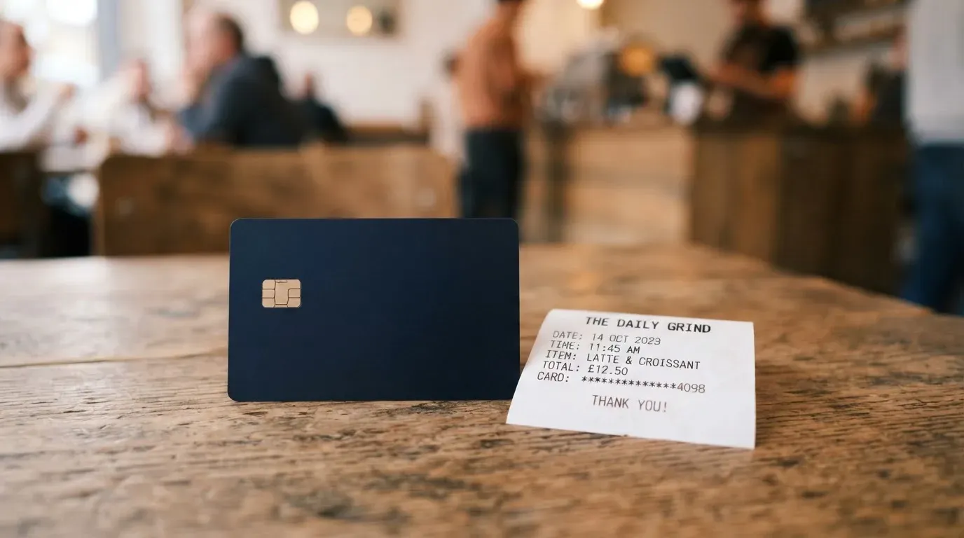 A receipt and a card on a café table