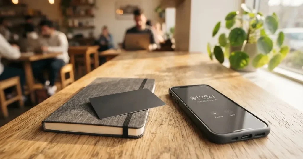 A payment card next to a phone with a crypto wallet app open