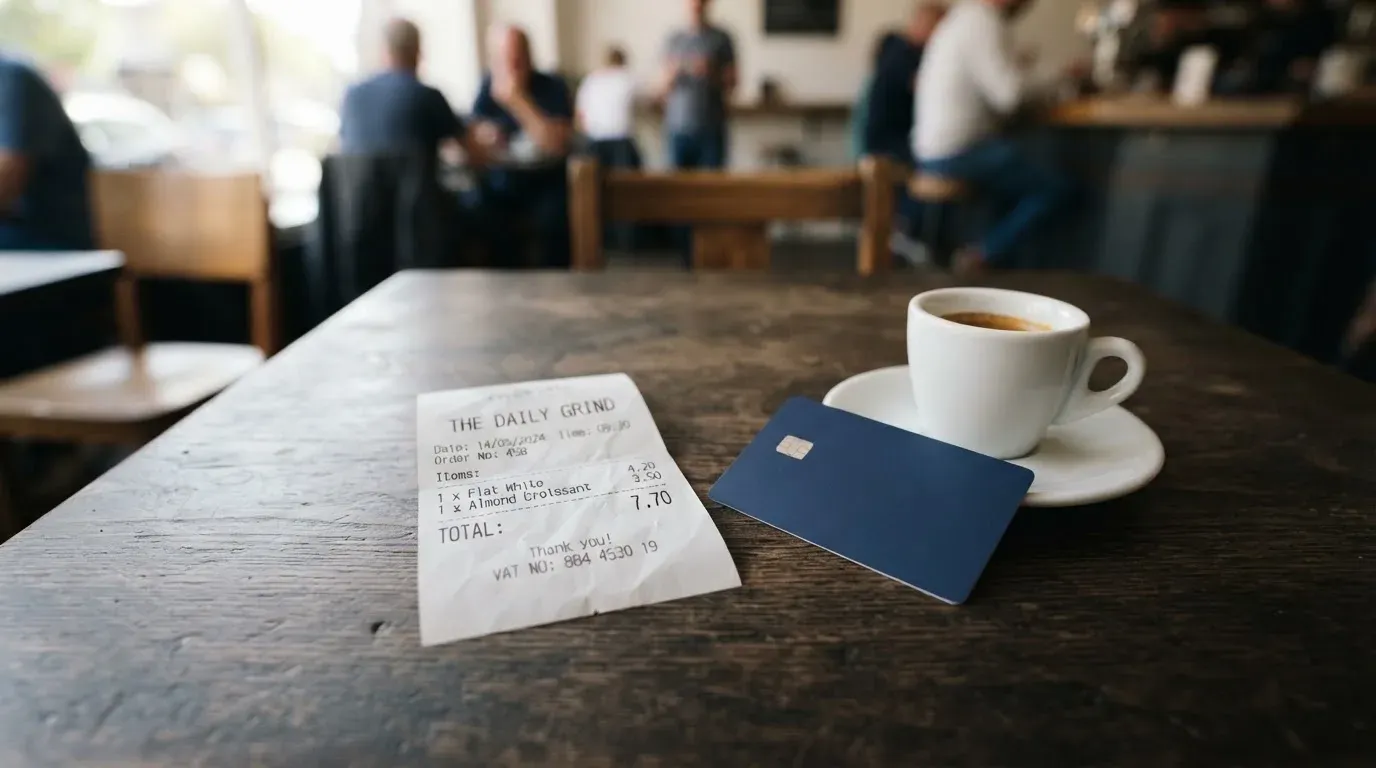 A receipt and a card on a café table