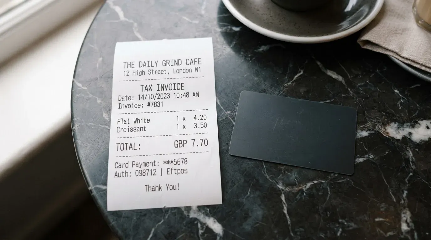 A receipt and a card on a café table