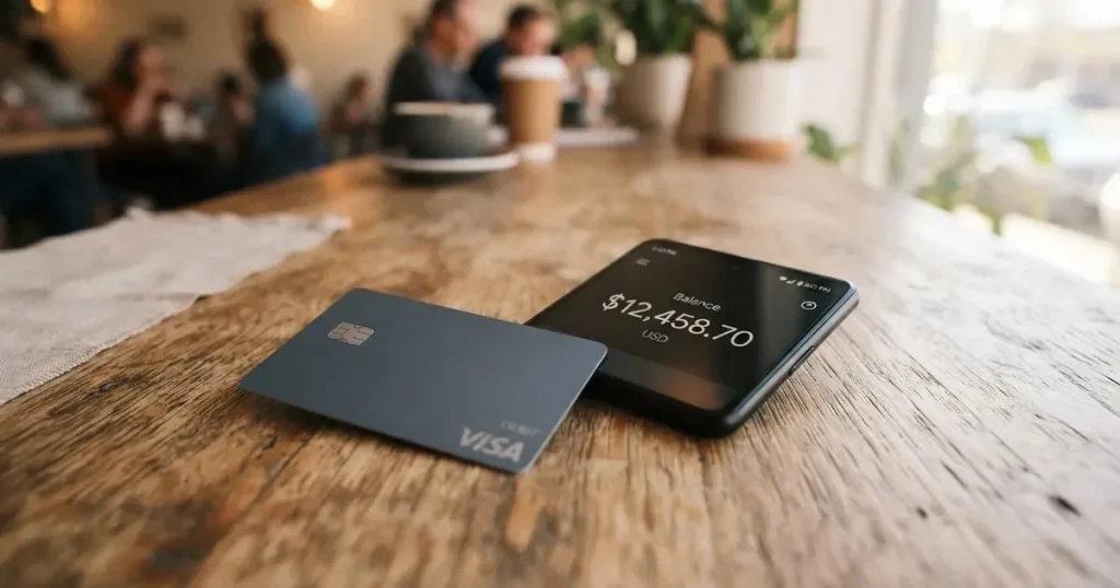 A payment card next to a phone with a crypto wallet app open