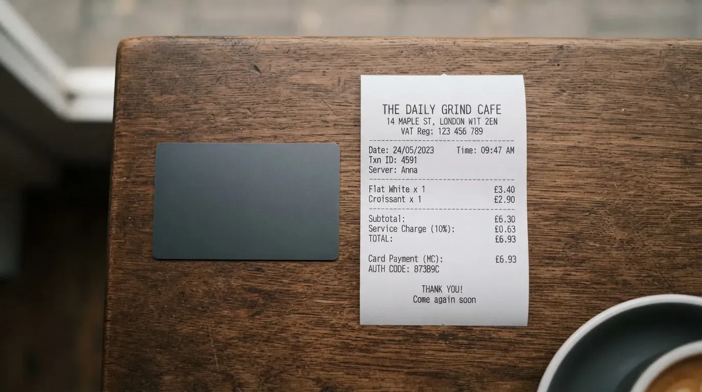 A receipt and a card on a café table