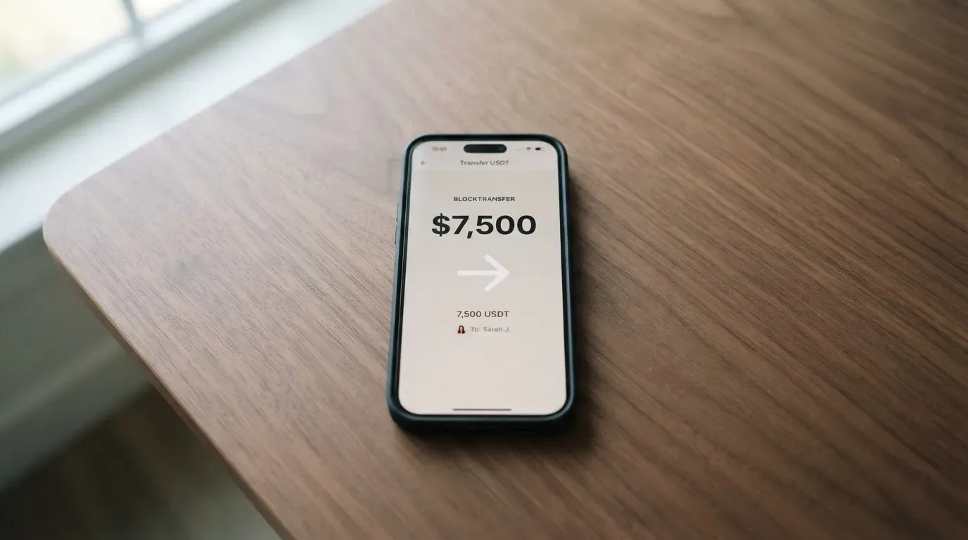 A phone showing a stablecoin transfer screen