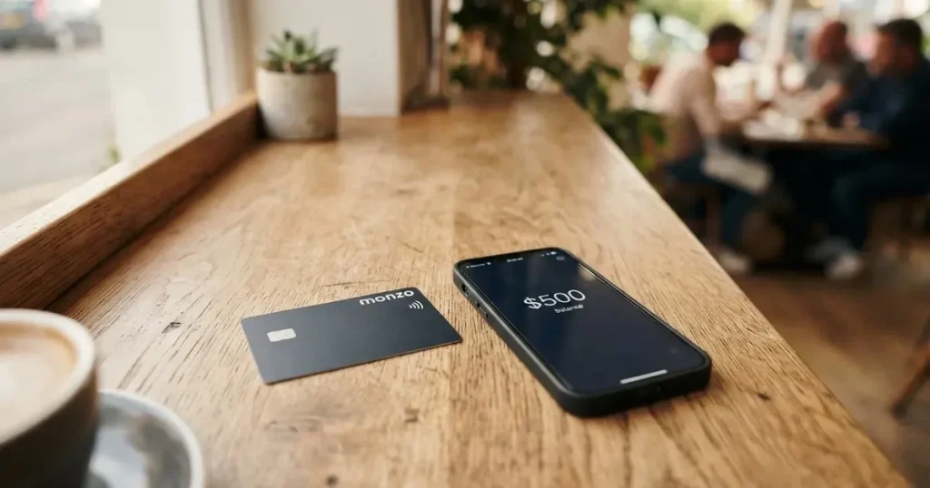 A payment card next to a phone with a crypto wallet app open