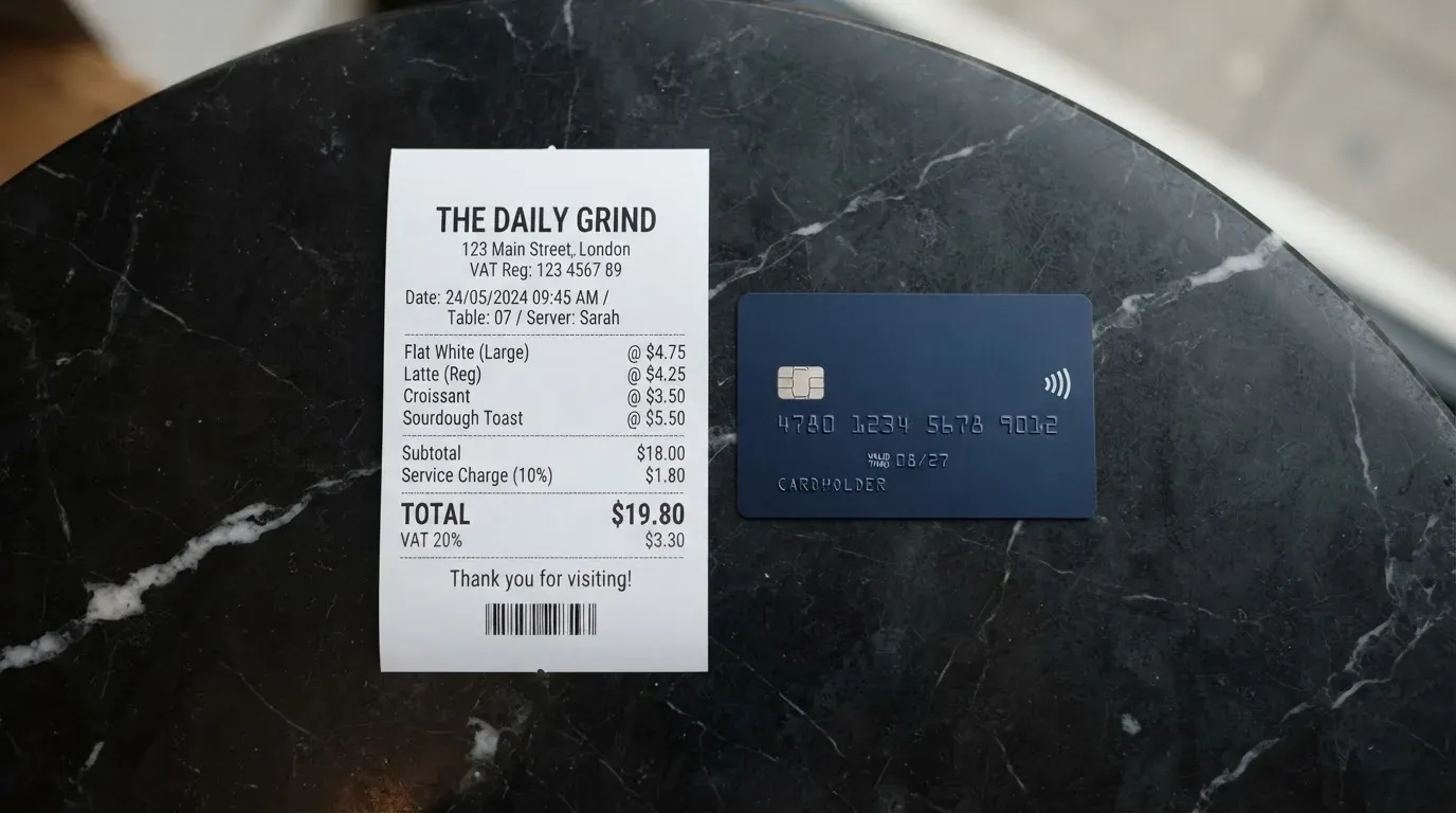 A receipt and a card on a café table