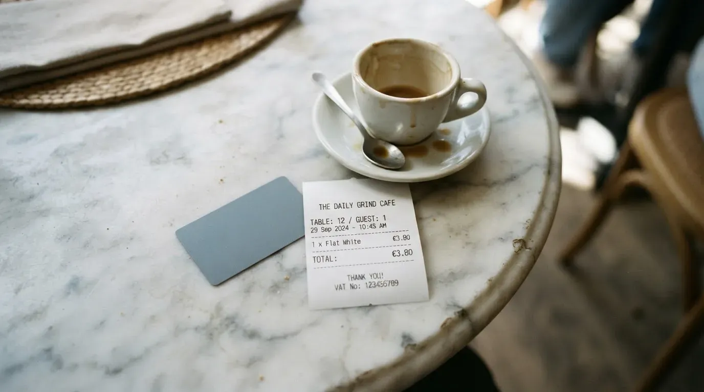A receipt and a card on a café table