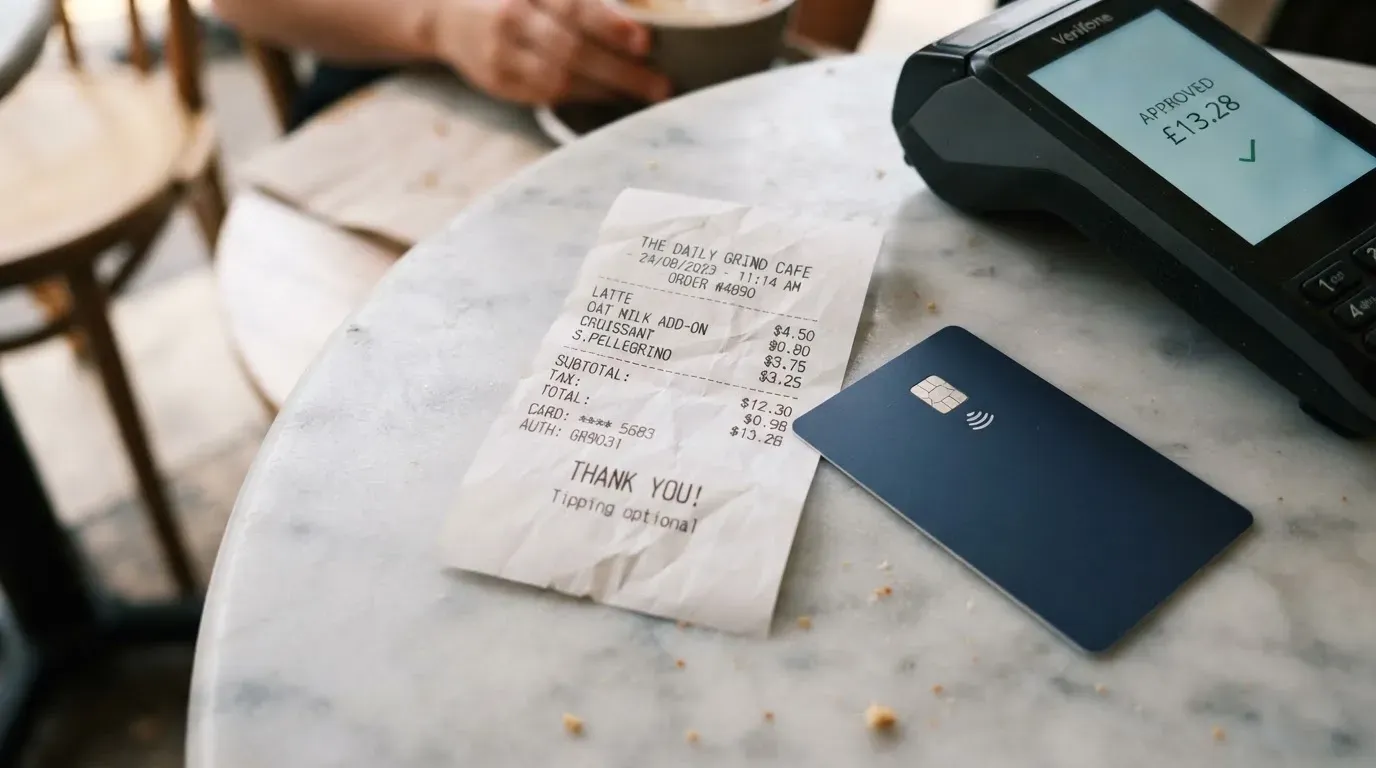 A receipt and a card on a café table
