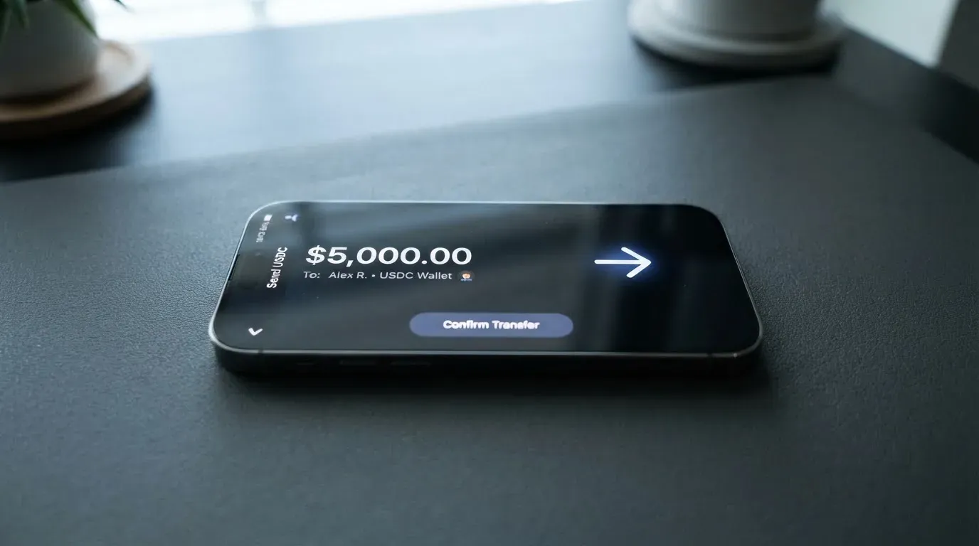 A phone showing a stablecoin transfer screen
