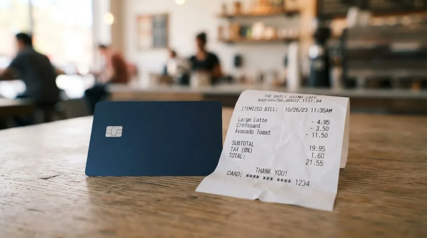 A receipt and a card on a café table