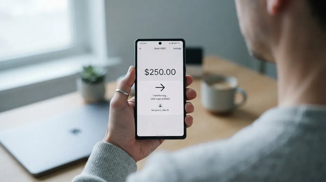 A phone showing a stablecoin transfer screen