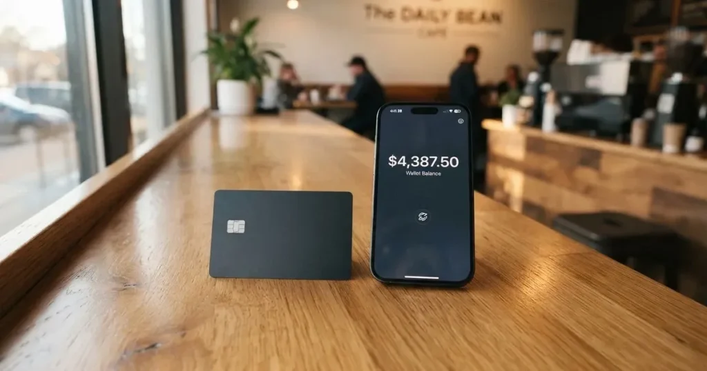 A payment card next to a phone with a crypto wallet app open