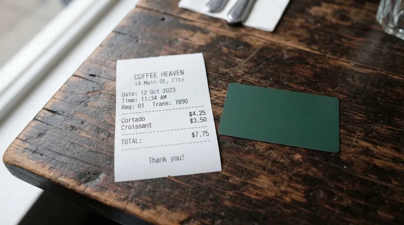 A receipt and a card on a café table