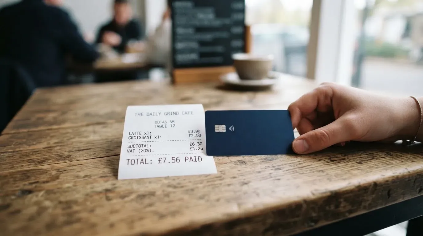 A receipt and a card on a café table
