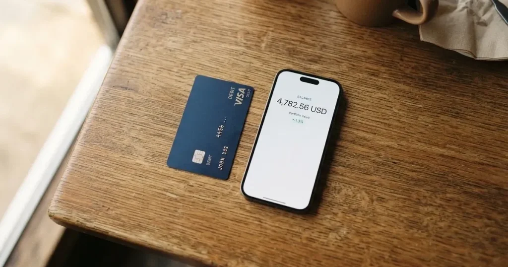 A payment card next to a phone with a crypto wallet app open