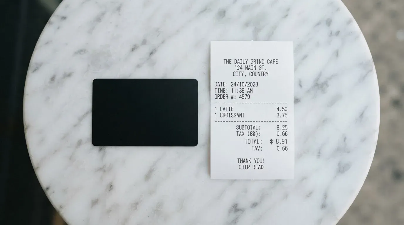 A receipt and a card on a café table