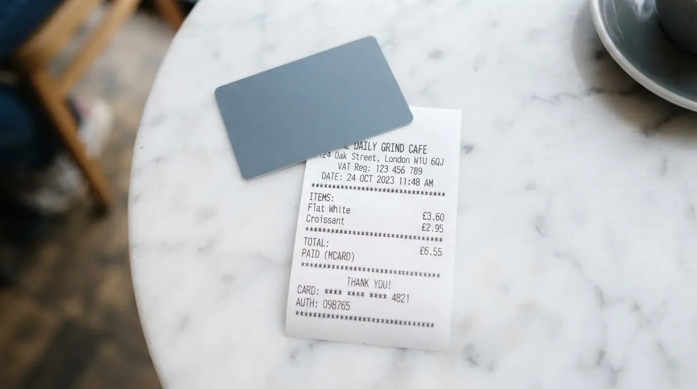 A receipt and a card on a café table