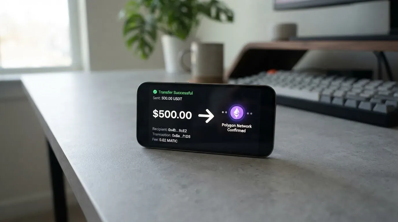 A phone showing a stablecoin transfer screen