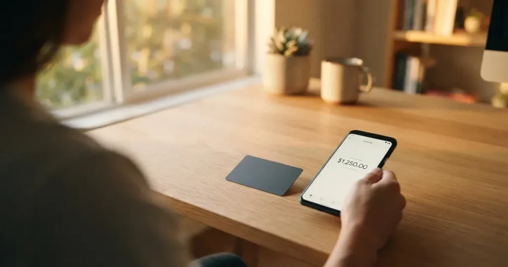 A payment card next to a phone with a crypto wallet app open