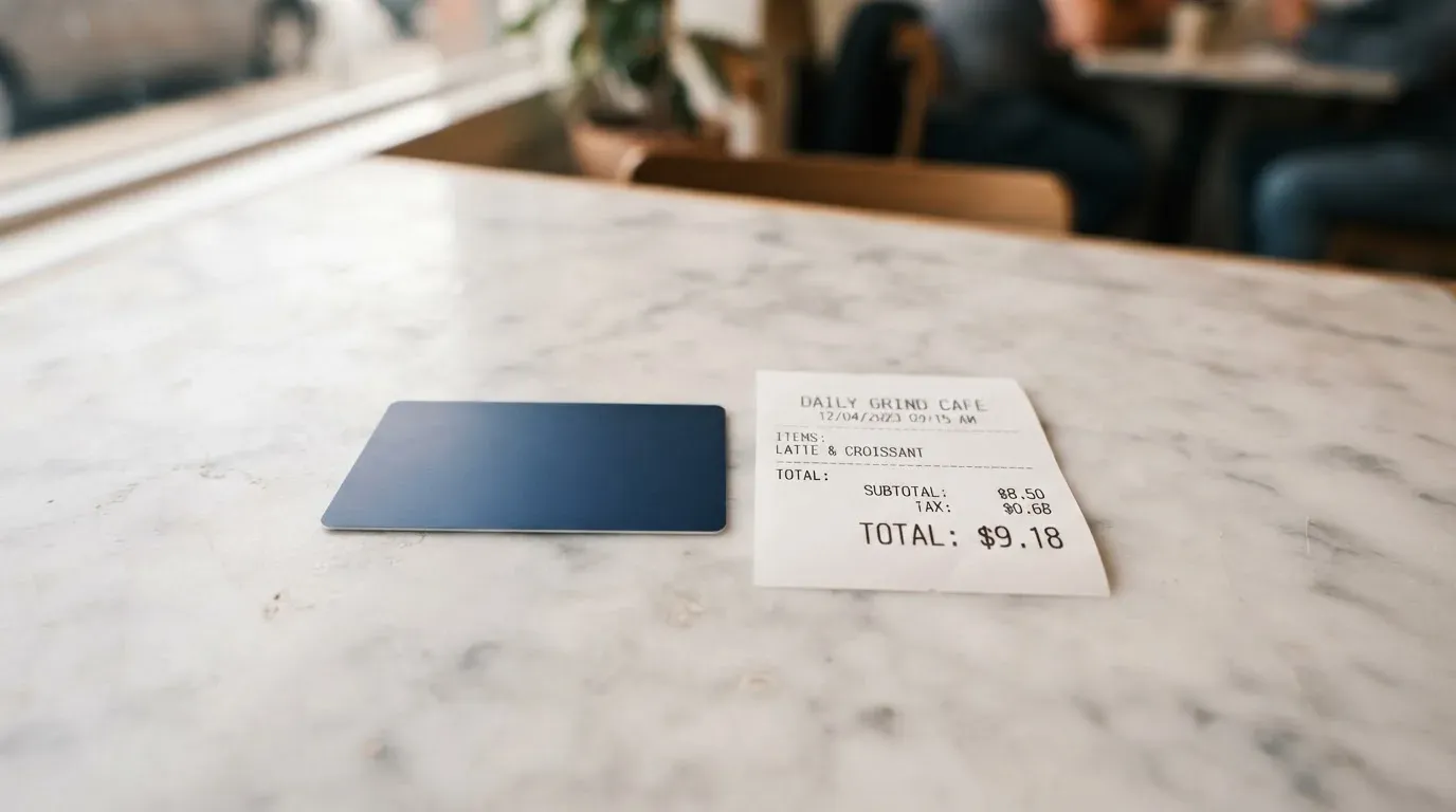 A receipt and a card on a café table